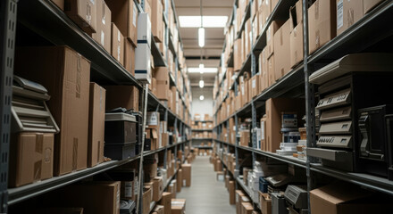Organized warehouse aisle with cardboard boxes stacked on metal shelves, indoor storage facility, aisle view, industrial environment, inventory management