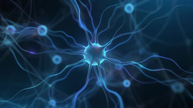 Abstract glowing blue neuron cell with dendrites and synapses in dark background. 4K Abstract Background Animation Video