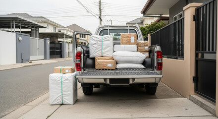 Loading and Transport of Packed Goods on Pickup Truck in Residential Area Outdoor Delivery Logistics Perspective