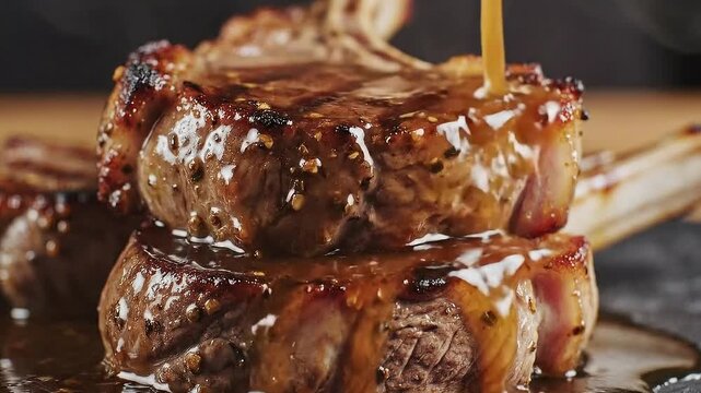 Gourmet Grilled Lamb Chops With Savory Brown Gravy Pouring Slowly Over Juicy Meat Stack On Dark Slate Plate In Restaurant Kitchen