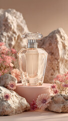 
This is a high-resolution digital artwork featuring a luxurious perfume bottle. The bottle is centrally placed against a soft beige background, which emphasizes its elegant design. The perfume bottle