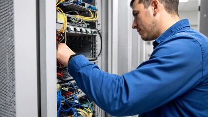 Technician working on a server rack, connecting wires, inside a tech room. Focus on the man and equipment - Powered by Adobe
