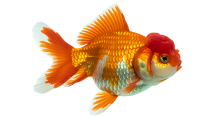 Goldfish with red cap in vibrant orange and white scales in studio lighting on isolated white background for pet and aquarium advertising