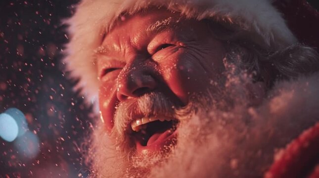 Capturing the pure, unbridled joy and infectious laughter of a beloved holiday character, his face aglow amidst a gentle flurry, symbolizing the festive spirit and cheer of the season