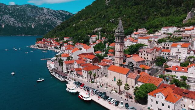 Perast Town aerial view in Kotor Bay in Montenegro