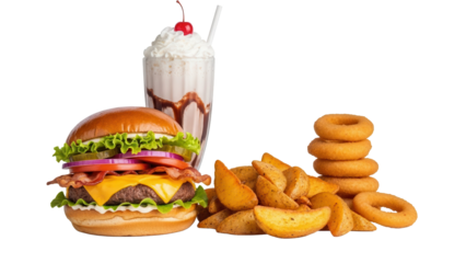 Deluxe burger platter with potato wedges onion rings and a large milkshake isolated on white background
