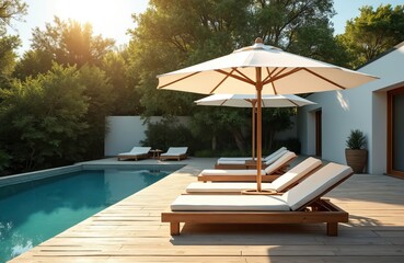 Luxury swimming pool with white lounge chairs and umbrellas. Wooden deck surrounds clean blue water in tranquil garden setting. Peaceful outdoor relaxation area for resort or private home.