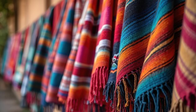 Colorful mexican serapes hang in a row with fringes. Woven textiles feature stripe patterns in vibrant earth tones. Traditional artisan crafts displayed outdoors.