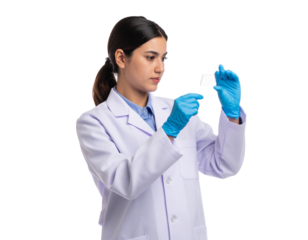 Female researcher holding microscope sample slide while standing, isolated on a transparent background, PNG