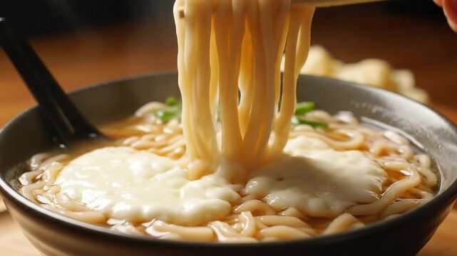 Hot Kake Udon Noodles Served in Dark Bowl with Chopsticks close up steaming food photography perfect for culinary blog with brown