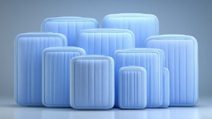 Collection of pastel blue hard-shell luggage in multiple sizes standing together, representing coordinated travel, vacation planning and stylish modern organization concepts.