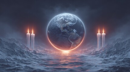 Fototapeta premium A luminous Earth hovers above a dark, stormy sea, rimmed by fiery light and flanked by tall candles, creating a dramatic, mystical scene ideal for climate or spirituality themes.