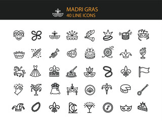 Mardi Gras themed line icons collection on white background carnival celebration