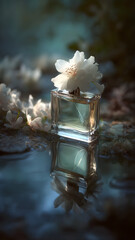 Perfume, still life, no one, flower, bottle, blur, white flower, water, reflection, depth of field, landscape, blurred background, best quality, high quality, photorealistic, RAW photo, masterpiece, 