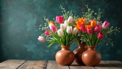 Three terracotta vases hold vibrant tulip bouquets on a rustic wooden table. Colorful spring flowers, white pink orange red tulips bloom. Elegant floral arrangement provides fresh natural beauty.