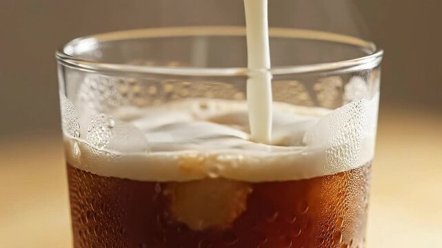 Iced Coffee being Poured with Creamy Milk in Clear Glass on Beige Surface Beverage Close-Up Drink Preparation Refreshment Liquid