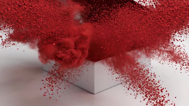 Clean abstract animation of a perfectly packaged white cardboard presentation box automatically lifting its lid releasing a heavy cloud of red particles isolated, cloud, success
