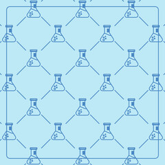 Seamless pattern on a blue background with chemical bottle icons. Line design for posters, social media, and banner templates.