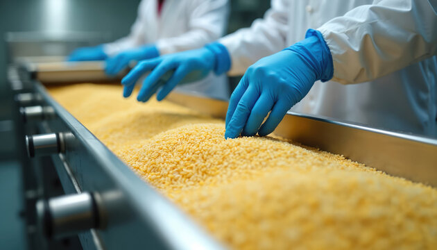 Workers in blue gloves sort yellow grains on a conveyor belt in a food factory. Quality control of cereal product. Industrial food processing line.