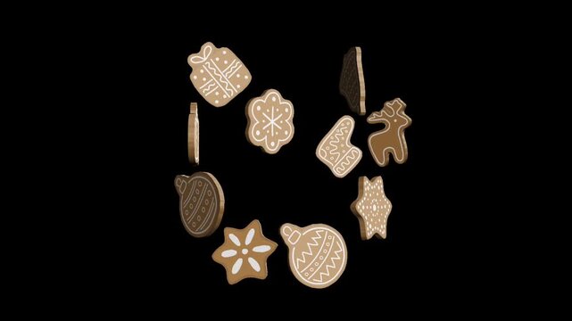 Christmas Cookies Animation. Gingerbread Cookies in Shape of Circle. Rotation. Winter Holiday Sweets on Black Background. Deer, Star, Flower, Gift, Glove, Sock, Ball, Bell. Christmas Moved Banner. Vid