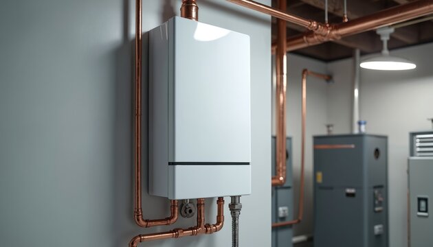 Modern tankless water heater installed on wall. Copper pipes connect unit for hot water. Clean utility room equipment shows home improvement. Efficient tech, modern home.