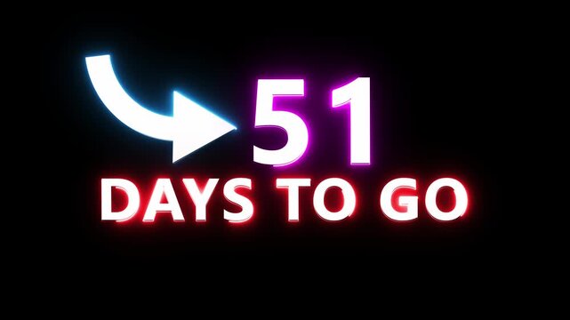 51 days counting animation. Neon  days  to go number. Neon countdown day text animation.