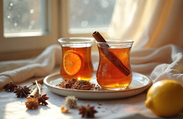 Two glasses of hot tea with lemon and cinnamon sticks. Warm spices and fruits create a cozy winter drink. Enjoy a comforting beverage on a cold day.