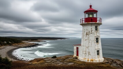 Historic lighthouse on a rugged rocky coast with crashing ocean waves under a dramatic overcast sky
