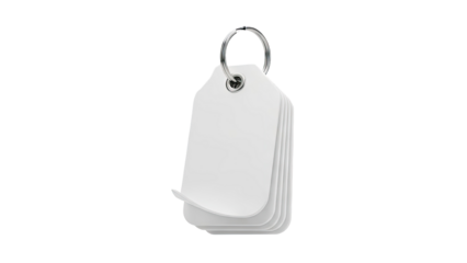 3D Stack of Blank White Tags on a Keychain Ring on transparent background
