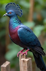 Victoria crowned pigeon with blue and purple plumage rests on wooden post. Exotic bird displays feathered crest and red eyes. Birdwatchers seek rare species.