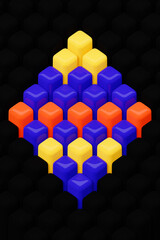 3D rendering. Colorful  pattern of cubes of different shapes. Minimalistic pattern of simple shapes. Bright creative symmetric texture