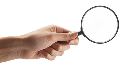 Hand holding magnifying glass in modern minimalist style with soft natural lighting on white background for detective work