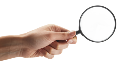 Hand holding magnifying glass in modern minimalist style with soft natural lighting on white background for detective work