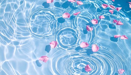 青く澄んだ水面に花びらが浮かび、光と波紋が涼やかに広がる幻想的な背景素材