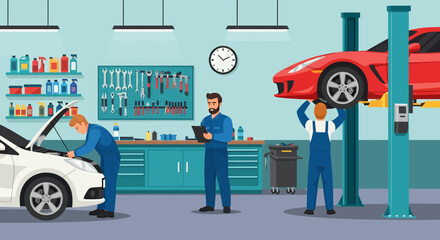 Professional mechanics are diligently working on various vehicles in a modern auto repair garage, performing engine diagnostics and maintenance tasks in a vibrant vector illustration.