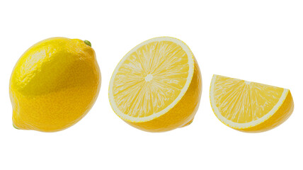 Lemons in various cuts with vibrant yellow color on white background for food and beverage advertising