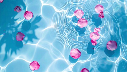 青く澄んだ水面に花びらが浮かび、光と波紋が涼やかに広がる幻想的な背景素材