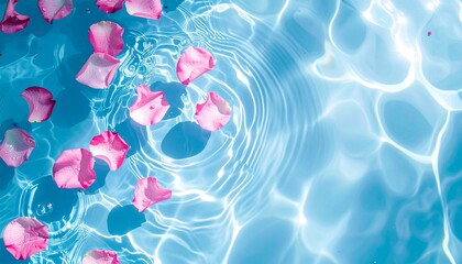 青く澄んだ水面に花びらが浮かび、光と波紋が涼やかに広がる幻想的な背景素材
