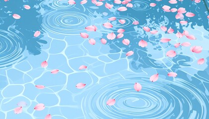 青い水面に桜の花びらが舞い、春の静けさと和の情緒を感じさせるイラスト背景素材