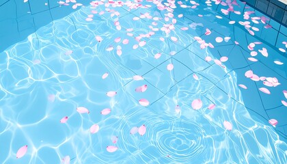 青い水面に桜の花びらが舞い、春の静けさと和の情緒を感じさせるイラスト背景素材