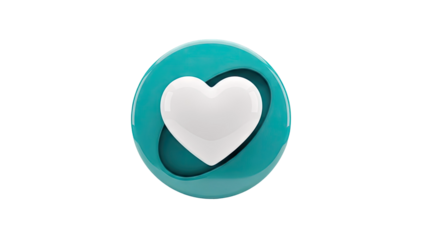 3D Turquoise circular logo with a white heart inside on transparent background