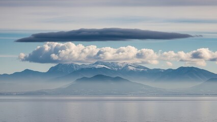 Majestic snow-capped mountains beneath a rare lenticular cloud formation over a peaceful reflective lake
