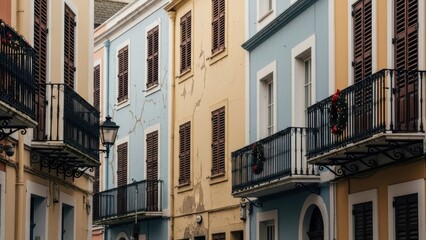 Picturesque narrow street featuring traditional pastel colored buildings with closed wooden shutters historic European urban scene