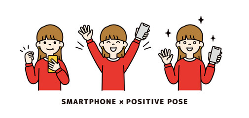 スマートフォンを持つ若い女性の上半身ベクターイラスト素材＿ポジティブなポーズセット＿カラー
