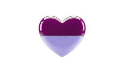 3D Heart shape object, two tone purple and lilac on transparent background