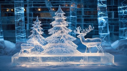 Winter square ice sculpture Christmas theme, ice sculpture Christmas tree and reindeer, light penetrating ice surface, crystal clear, snowy background