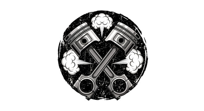 A stylized vector illustration features two crossed pistons with smoke, encased in a distressed circular emblem, perfect for automotive and mechanic branding.