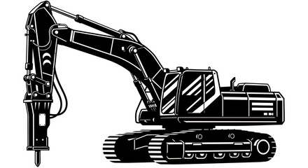 A detailed vector illustration showcases a heavy-duty hydraulic excavator, ideal for construction and demolition projects, emphasizing its powerful engine and robust design in a monochrome style.
