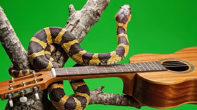 Moving Black and Yellow Snake Wrapped Around a Ukulele on a Branch Isolated on a Vibrant Green Screen Background Snake Instrument
