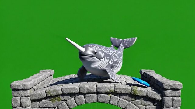 Narwhal Juggling a Disc on a Stone Bridge Against Green Screen Background Displaying Playful Marine Wildlife Behavior in Animated